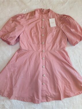 Flossy by Freddy Nelly Dress Pink Pearl Button Puff Sleeve Mini Dress NWT